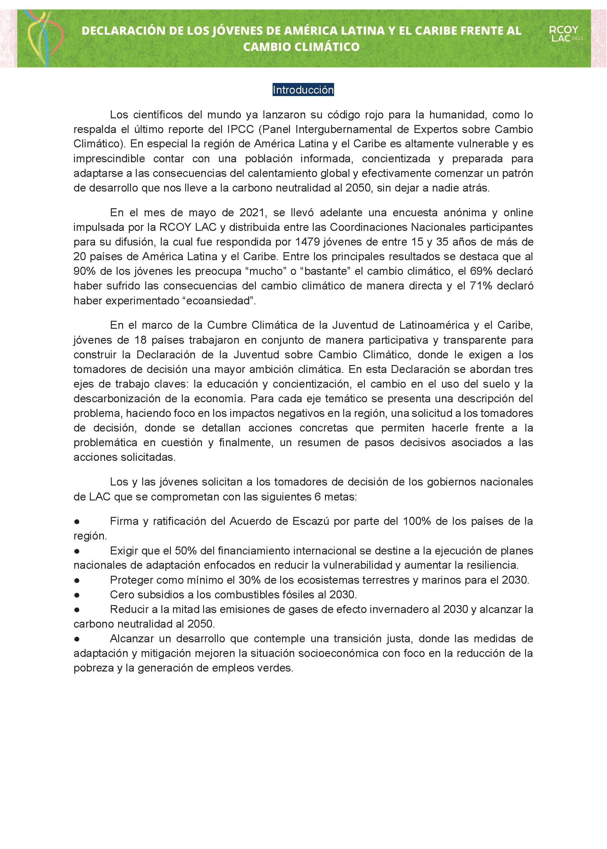 Declaración RCOY Latinoamérica 2021